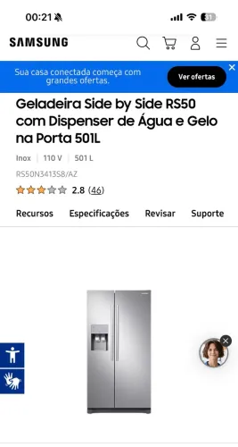 Geladeira Samsung com água e gelo na porta