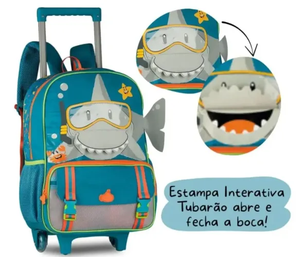 Mochila infantil com rodinhas tubarão menino nova