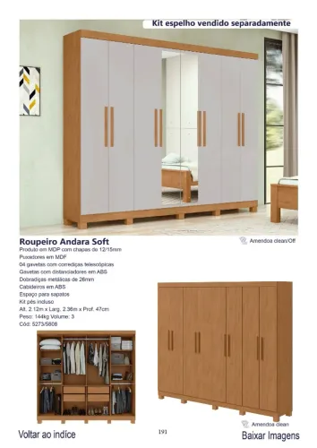 Roupeiro Andara Soft s/espelho 2.36m 8 portas 4 gavetas