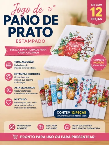 Jogo de Pano de Prato 12 Peças 100% Algodão - Estampas Sortidas