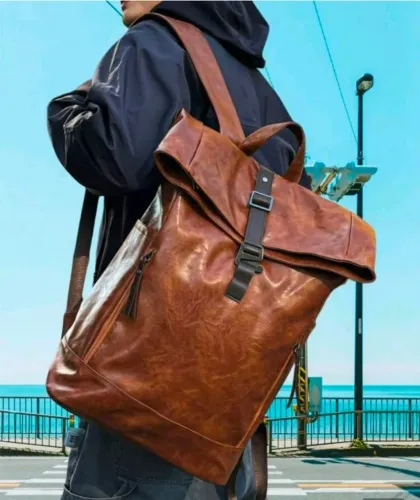 Mochila Vintage Couro Sintético (PU) Marrom
