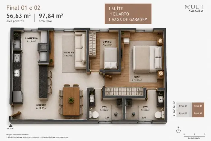 Apartamento na planta com parcelamento direto, Centro, 01 suíte + 01 quarto, 01 garagem