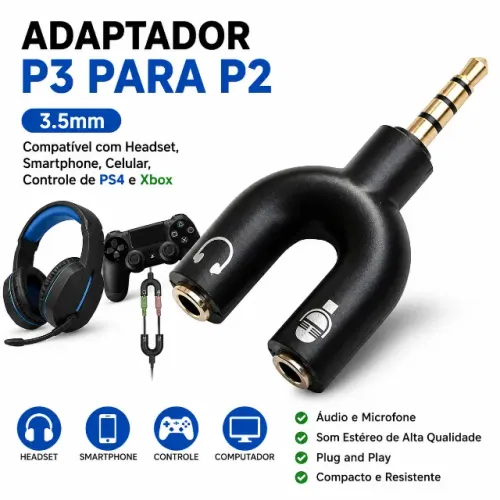 Cabo Adaptador P3 Para P2 3.5mm para Headset, Smartphone, Celular, Controle de PS4 e Xbox 