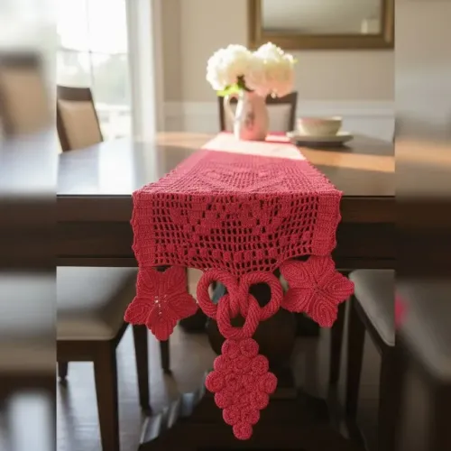 Caminho De Mesa Artesanal Em Crochê Vermelho