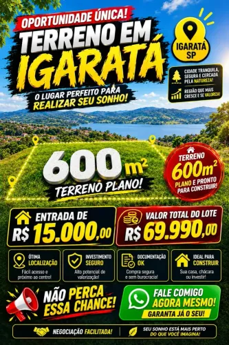 **LOTES DE 600m² EM IGARATÁ SEU ESPAÇO PARA VIVER E INVESTIR!** Imagine ter um amplo lo
