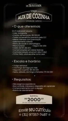 VAGA PARA AUXILIAR DE COZINHA HAMBURGUERIA VENDA NOVA