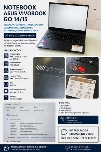 Notebook ASUS Vivobook Go 15 Ryzen 5, 8GB RAM, SSD 256GB - Seminovo