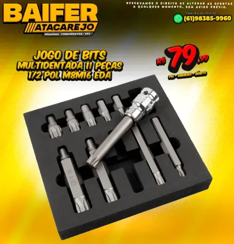 Jogo de Bits Multidentada 11 peças 1/2 Pol M8 a M16 Eda