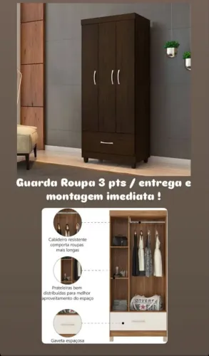 Preço Excelente de Roupeiro 3 portas com Ótimas Divisórias Internas!!