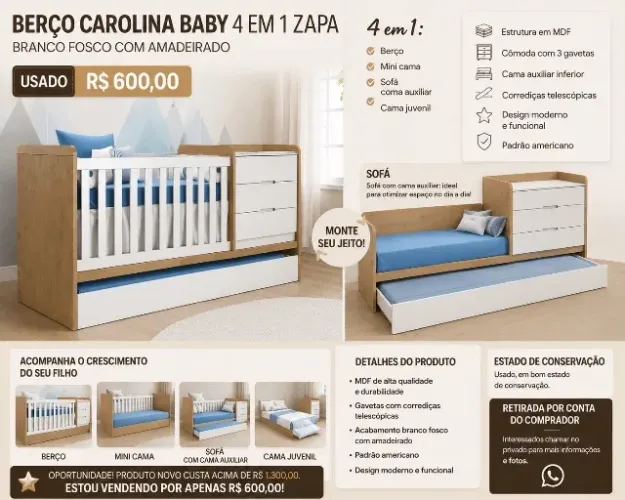 *BERÇO CAROLINA BABY 4 EM 1 ZAPA - BRANCO FOSCO COM AMADEIRADO - USADO*