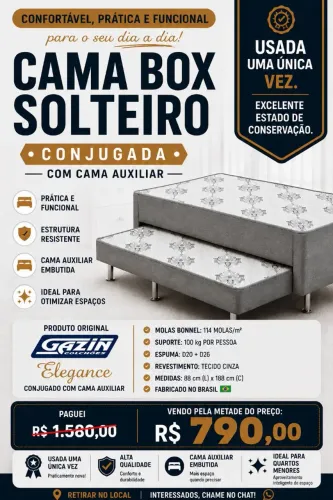 Cama box solteiro conjugada com cama auxiliar.