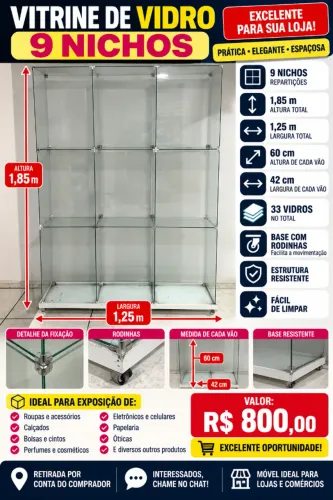 Vitrine de Vidro 9 Nichos com Rodinhas - 1,85m