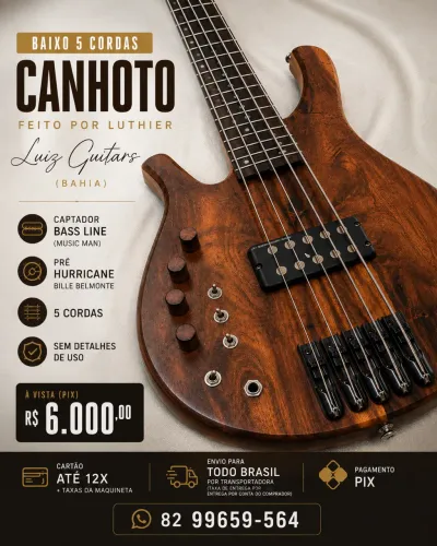 BAIXO 5 CORDAS CANHOTO ? FEITO POR LUTHIER