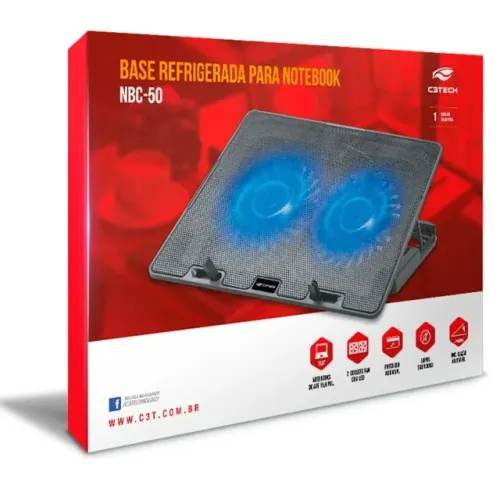 Base Suporte P/ Notebook Nbc-50bk 15,6" 2 Coolers, Inc. Ajustável 5 Nvl, C/ USB - C3Tech