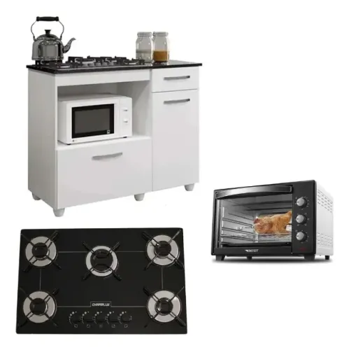 Kit Balcão Branco Com Forno 48 Litros 110v E Fogão 5 Bocas