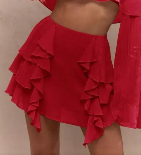 Saia Mini Boho Babados Vermelho com Babados Laterais em Cascata,