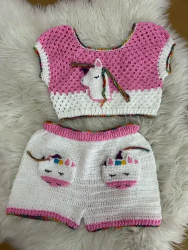 Conjunto Crochê Bebê Unicórnio - Rosa e Branco, encomendas 