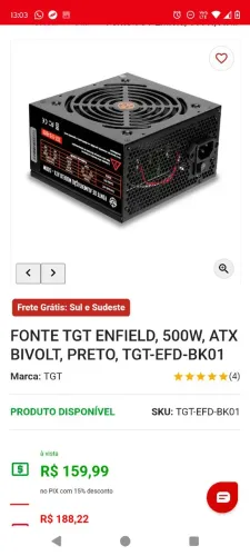 Fonte TGT Enfield 500W ATX Bivolt - TGT-EFD-BK01
