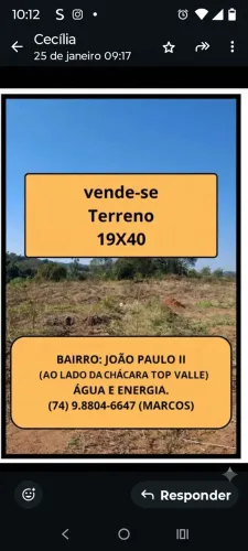 Terreno a venda no bairro João Paulo ? próx .A chácara top vale medindo 19/40 .