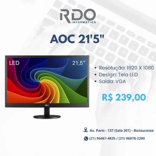 Monitor AOC 21.5 LED Full HD 1920x1080 Saída VGA - Excelente Estado - Alta qualidade!