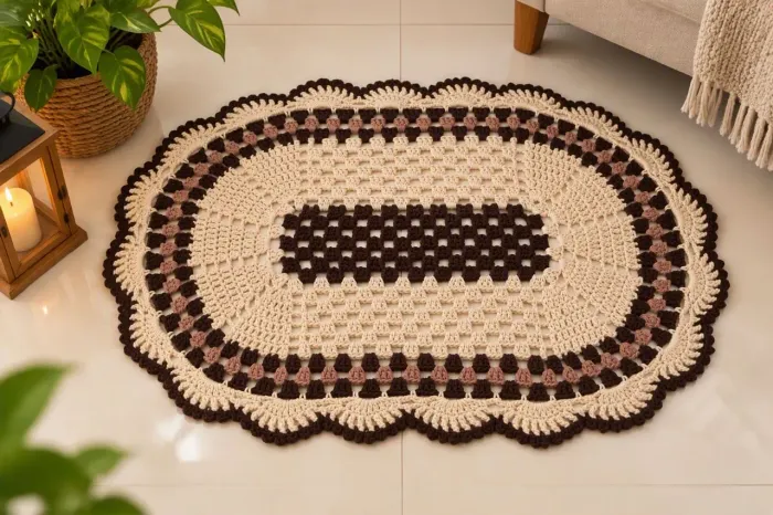 Tapete modelo Janine artesanal em crochê 77cm x 50 cm -R$65,00