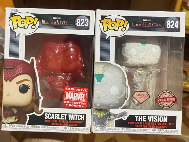 Funko Pops Originais Scarlet Witch 833 Translúcida e The Vision 824 Diamond 