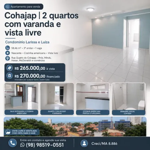 Apartamento para venda no Cohajap com 2 quartos, varanda e vista livre | região Cohama