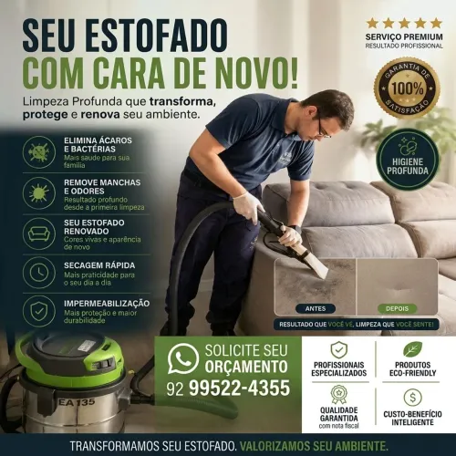 Limpeza e Higienização de Estofados - Remoção de manchas, mal odor, ácaros e bactérias.