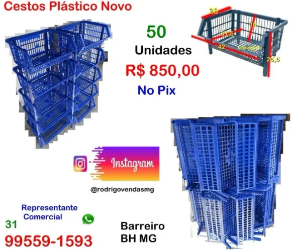 50 Cestos Plásticos Empilhavel Novos Azul Casa Sacolão Estoque Lingerie Auto loja moveis