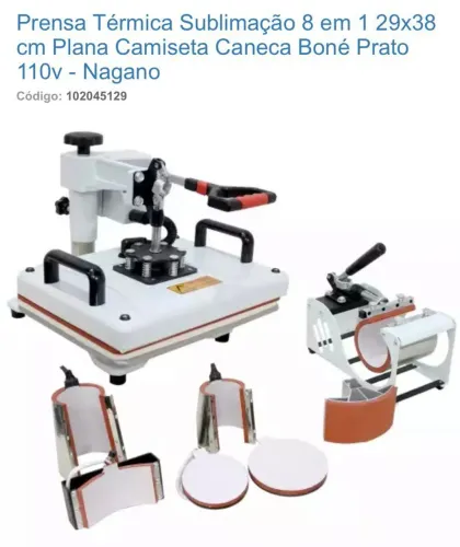 Prensa Térmica Sublimação 8 em 1 Nagano 29x38cm 110v