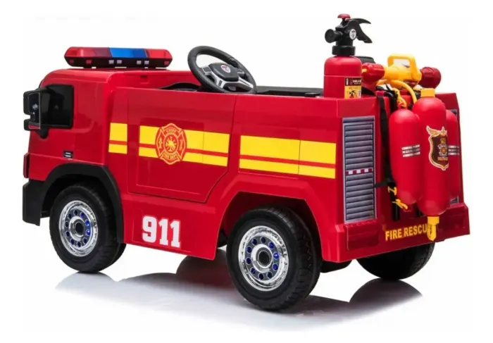 Carro elétrico infantil Bombeiro usado e com uma peça quebrada.