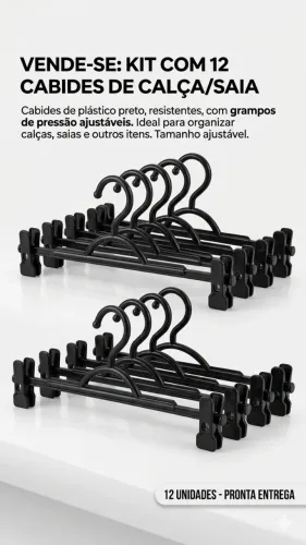 Kit 12 Cabides de Calça/Saia - Plástico Resistente com Presilhas