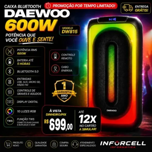 Caixa Bluetooth Daewoo 600w até 5h de Bateria