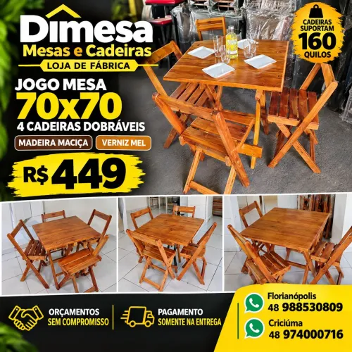 Jogo madeira maciça mesa 70x70 com 4 cadeiras verniz mel