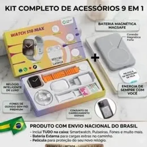 Kit 9 em 1 com Smartwatch, fone sem fio e carregadores