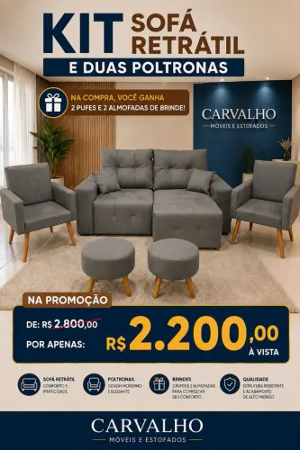 Promoção por apenas 2200 Kit Sofá retrátil e 2 poltronas você ganha 2 Puf de brinde