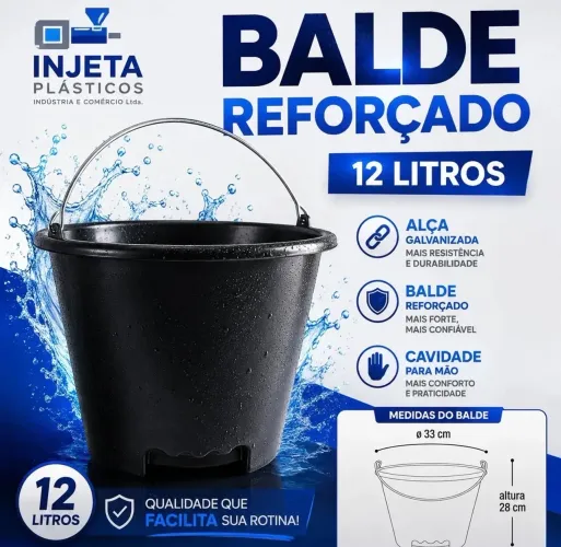Kit c\ 10 Baldes plástico reforçado 12L com alça - Preto