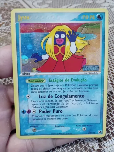 Carta Pokémon tcg Jinx com estampa forças ocultas e holo reverso pokebolas ano 2005