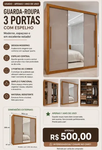 GUARDA-ROUPA 3 PORTAS DE CORRER COM ESPELHO