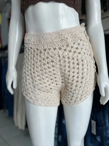 Short de Crochê Feminino Bege Artesanal
