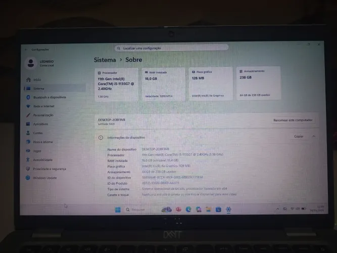 NOTEBOOK DELL LATITUDE 5420 RAM 16 GB ARMAZENAMENTO 238 GB PLACA GRAFICA 128 MB