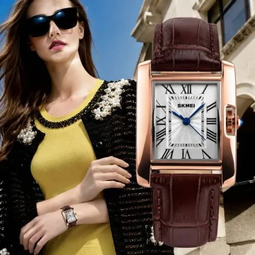 Relógio Feminino SKMEI Rose Gold Retangular Pulseira em Couro Analógico Quartzo 30M Luxo