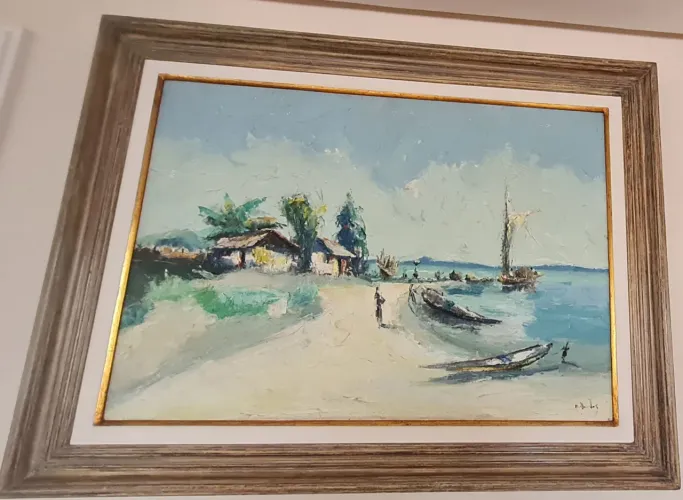 Quadro Óleo sobre Tela - Paisagem Litorânea e Barcos