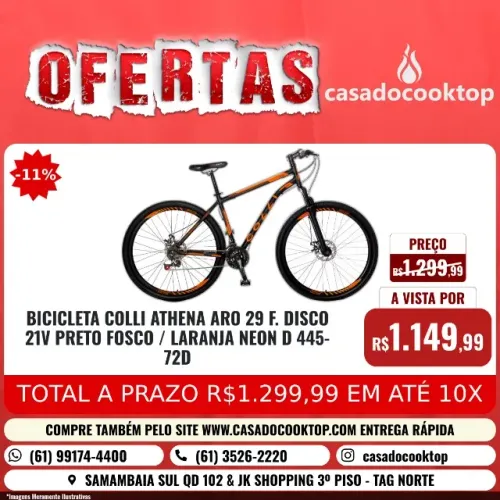 BICICLETA COLLI ATHENA ARO 29 F.DISCO 21V PRETO FOSCO/LARANJA NEON D 445-72D