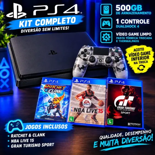 PS4 SLIM 500GB + 3 JOGOS + 1 CONTROLE (TROCO EM CAIXA BOB)