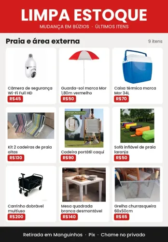 Itens para praia e área externa (cadeira praia, mesa, guarda-sol, grelha, carrinho)