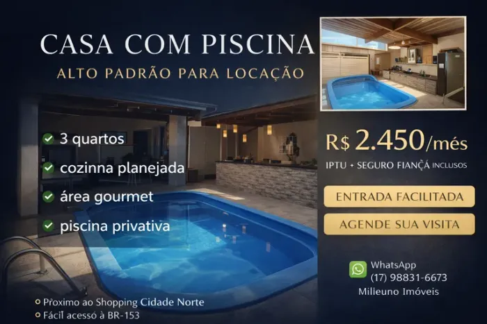 Casa com 3 Quarto(s) e 3 banheiro(s) para Alugar, 170 m² por R$ 2450 / Mês