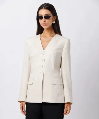 blazer de alfaiataria feminino com linho mindset bege GG