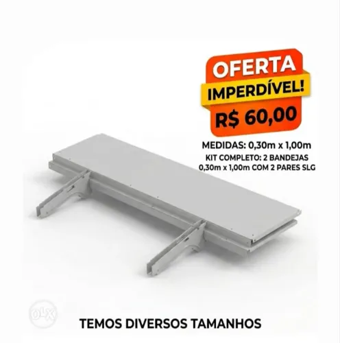 Kit 2 Bandejas Aço 0,30m x 1,00m p/ Gôndolas + 2 Pares SLG - R$ 60