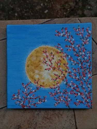 Pintura, uma linda Lua com flores de cerejeira .